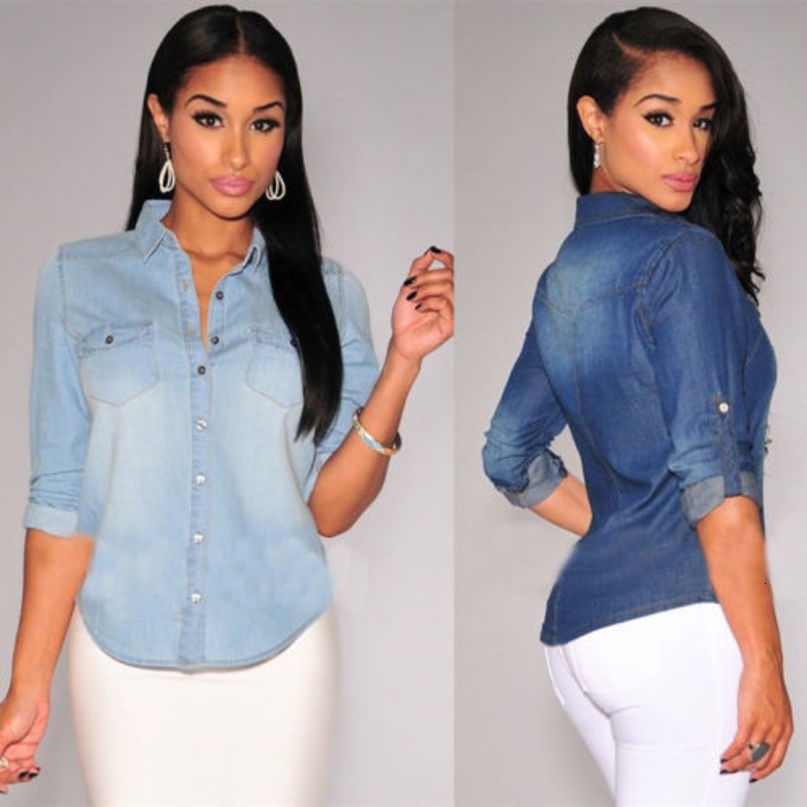 Women's Blouses Shirts Summer Fashion Women Casual Long sleeve tops Soft Jean Denim Long Sleeve Shirt Tops Blouse Jackets Femenino Camisas De Muj
