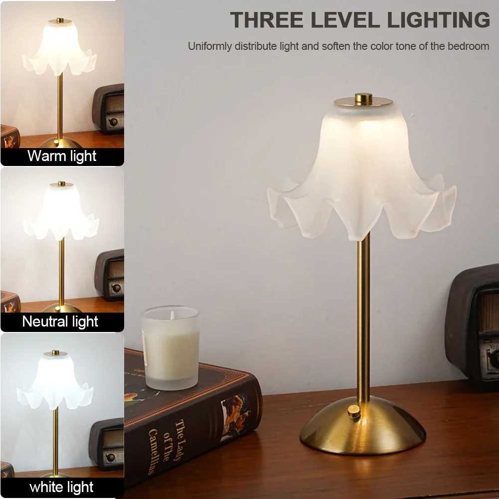 Romantic Bedside Flower Table Lamp Touch Control Cream Style Pastoral Country Light USB Rechargeable Metal Base Stepless Dimming C251115