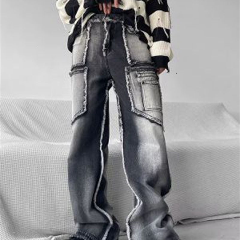 Men's Jeans Men's Pants Autumn Vintage Wash Rough Edge Straight Tube Splicing Male Jeans High Street Wide Leg Trousers Fashion 230829