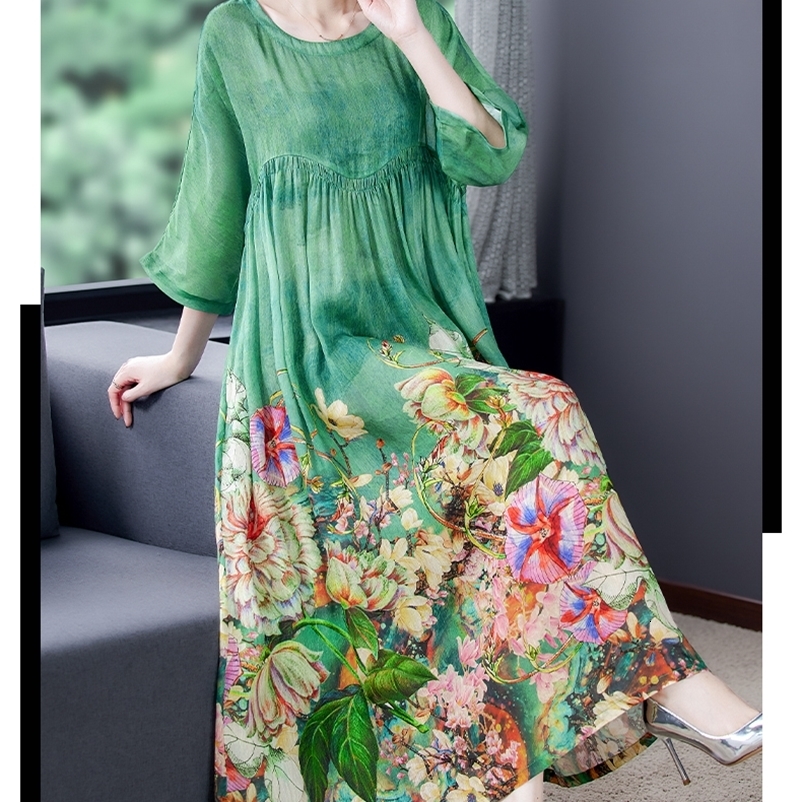 Basic Casual Dresses Ladies O Neck Loose Casual Vintage Printed Silk Midi Dresses Robe Spring Summer Prom Dress Women Elegant Party Vestidos 230519
