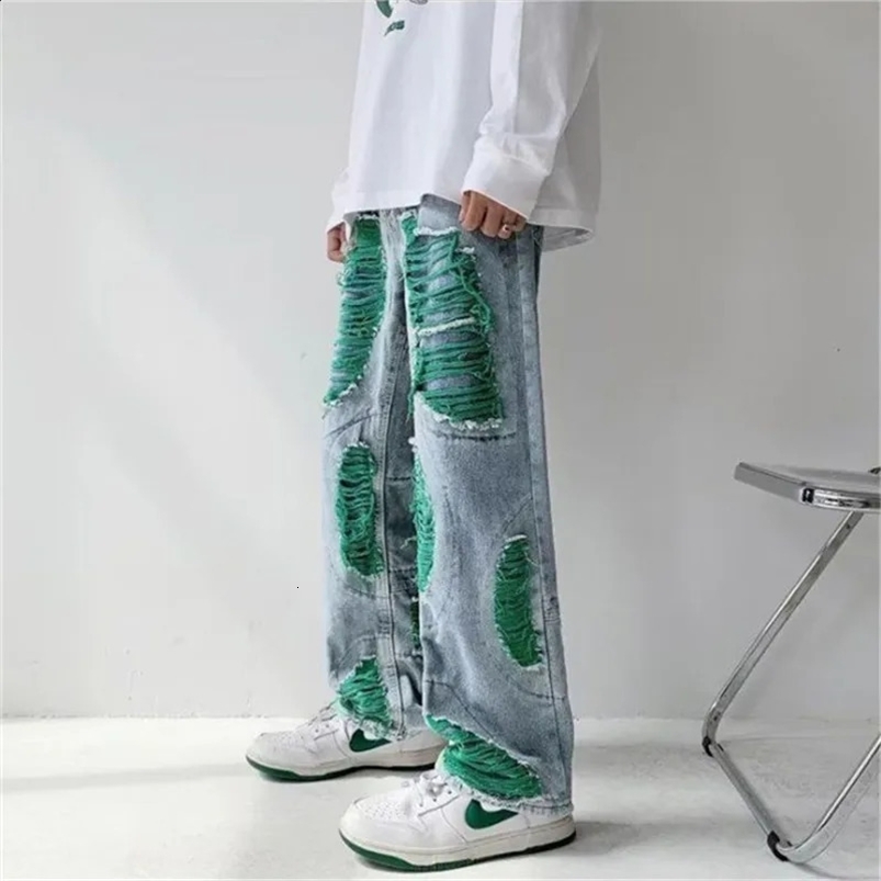 Hip Hop Ripped Jeans Mens clothing High Street Y2K Loose Straight Pants Button Pocket Spring Summer Trousers A047 240828