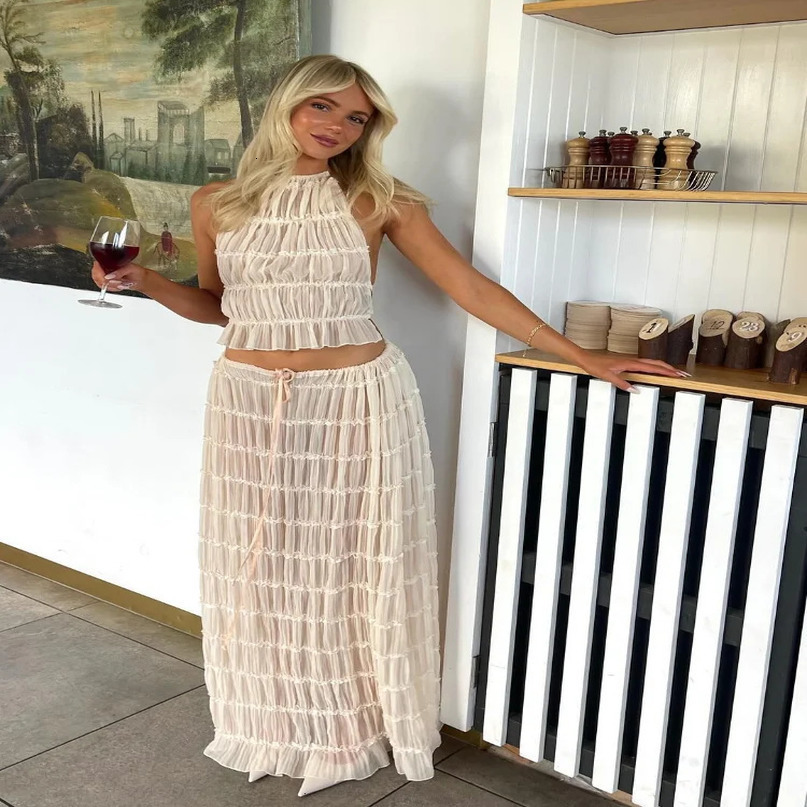Elegant Lace Up Women Two Piece Sets Sexy Backless Hang Neck Sling Top Loose Fold Beach Dresses Summer Chic Lady Skirts Set 240423