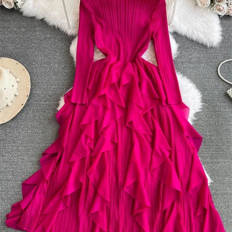 XFPV Women High Waist Pleated Ruffles Korean Version A-line Dresses Mid Length O-Neck Long sleeve Vestidos Spring 2025 SM10284 250103