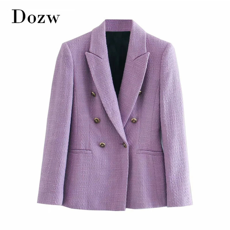 Fashion Double Breasted Purple Tweed Blazer Women Office Wear Chic Jacket Coat Elegant Long Sleeve Outerwear Tops 210414