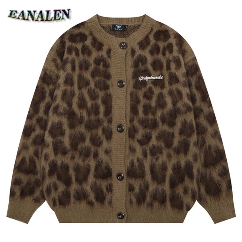 Harajuku retro leopard graphic sweater cardigan wool sweater womens winter casual oversized er skydiving grandpa ugly sweater jacket Y2K 241007