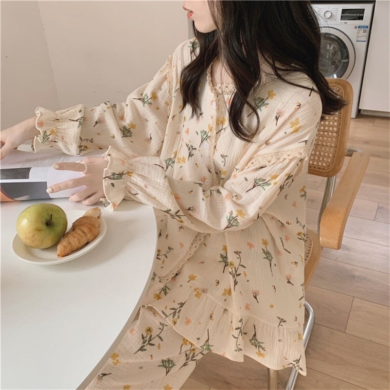 Women's Sleepwear Long Sleeve Pajama Set Square Collar Cardigan Women Floral Cartoon Printed Gauze Cotton Kawaii Trendy Women 2pcs Pyjamas Elegan