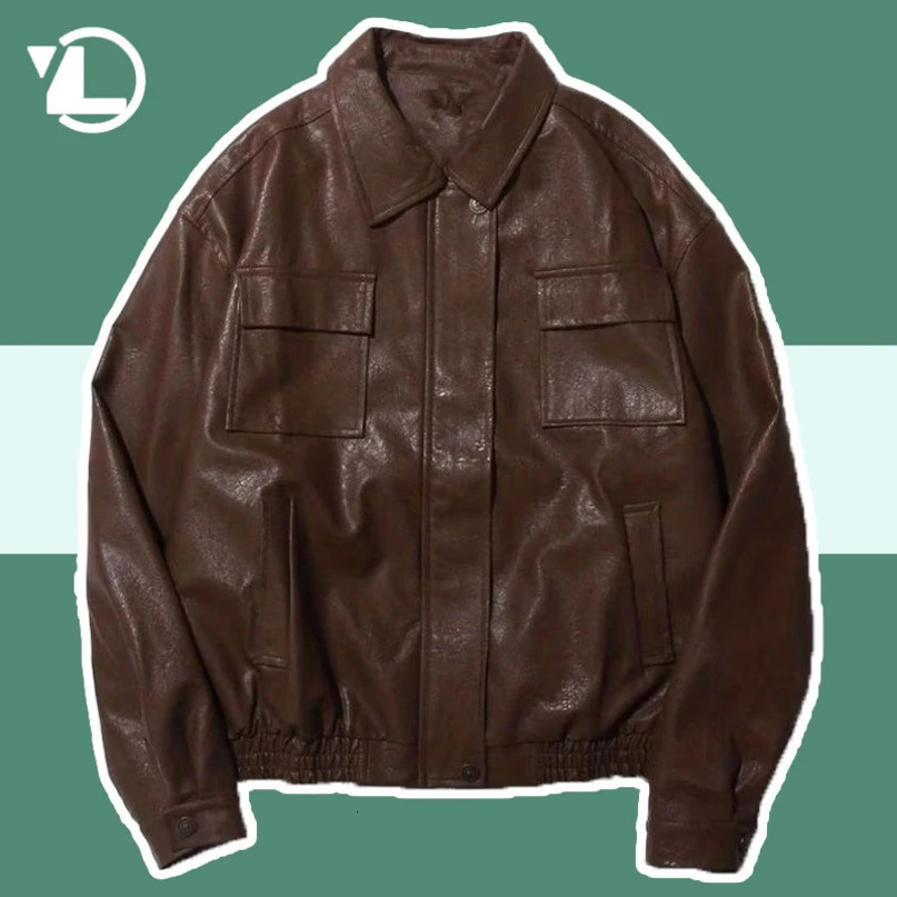 Japanese cargo jacket retro mens hip-hop street clothing Pilot PU leather collar jacket Spring and Autumn motorcycle cool jacket unisex 241031