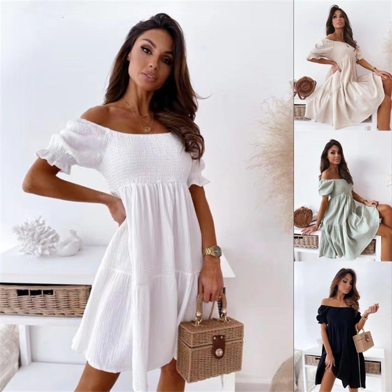 Basic Casual Dresses Sexy Slash Neck Pleated Mini Party Dress Summer Women Fashion Elastic Bandage Short Sleeve Tunic Dresses HY 230519