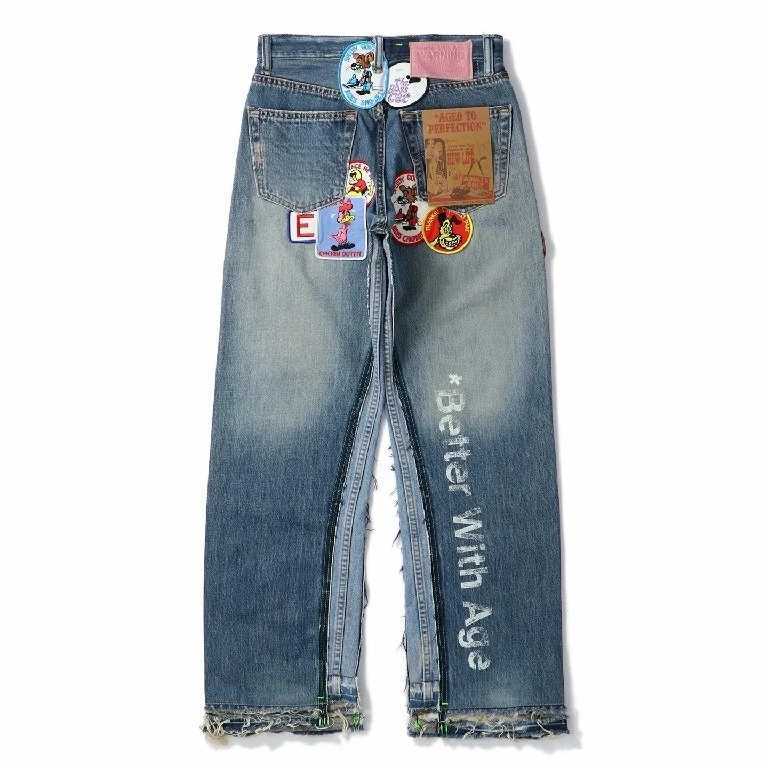 American Retro Embroidered Patch Jeans Y2K Clothes Rock Hip Hop Cartoon Patch Washed Blue Baggy Jeans Mid Waist Wide Leg Trouser X250924