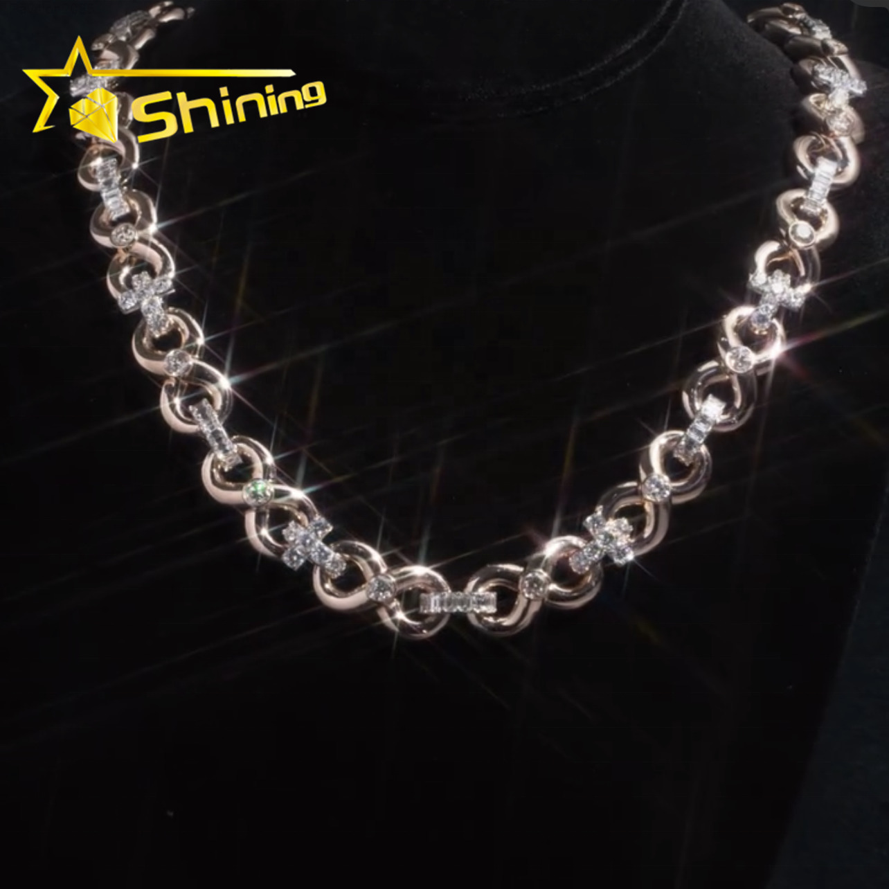 New Design Rapper Jewelry 13MM Infinity Link Chain Rose Gold VVS Moissanite Hip Hop Iced Out Chain Necklace