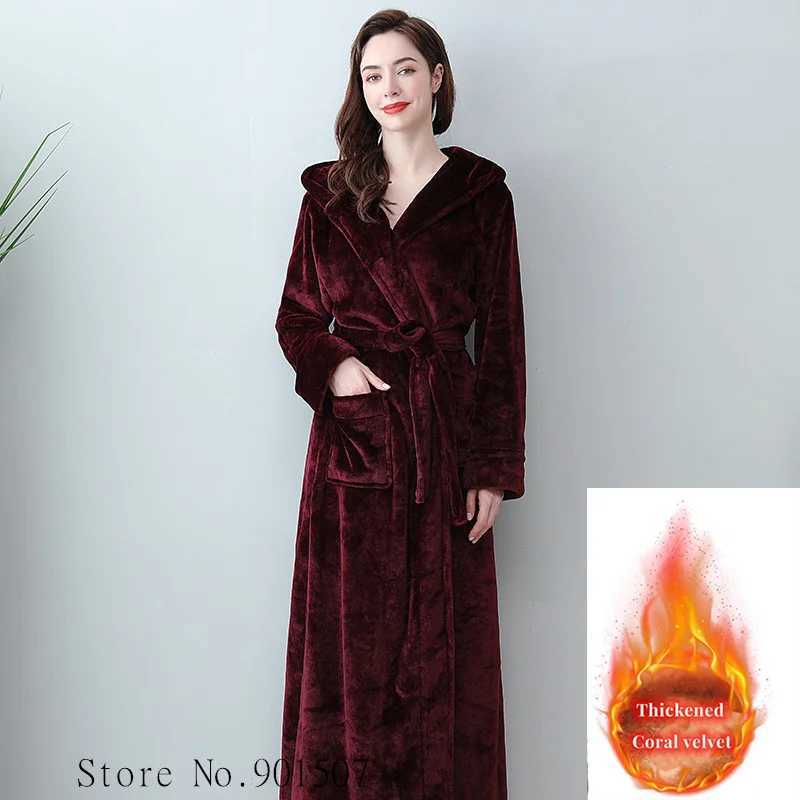 Extra Long Winter Coral Fleece Bathrobe Women Hooded Warm Kimono Bath Robe Cozy Kimono Shower Robes Loose Peignoirs Nightgown Z250924