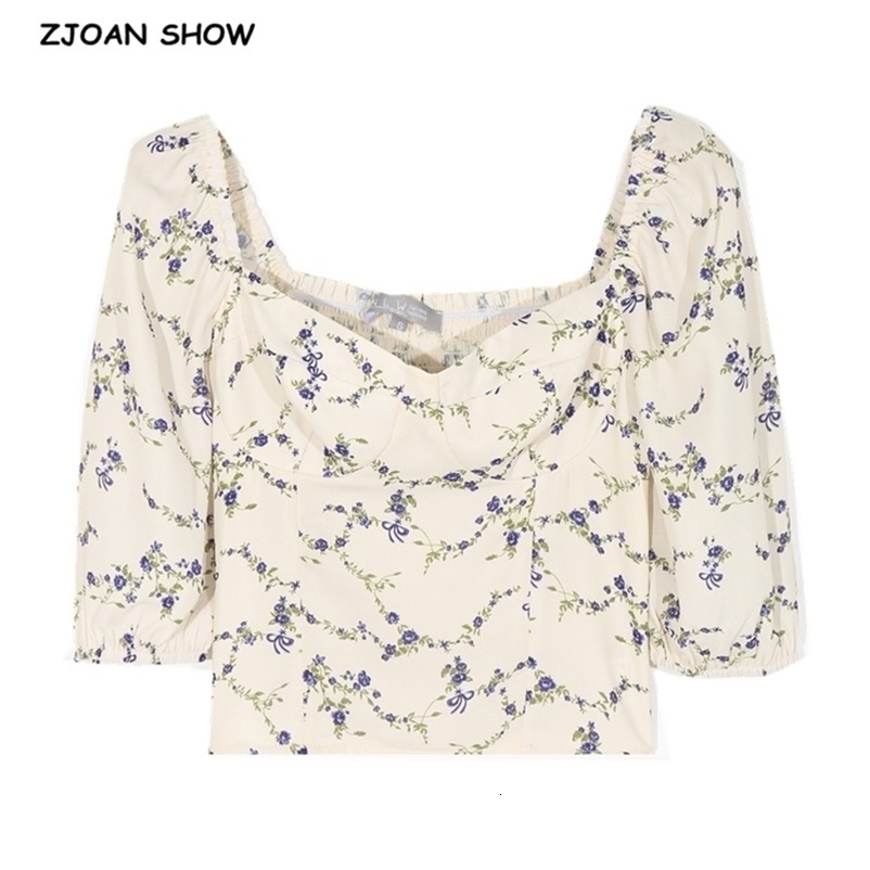 Spring Women harajuku Square Collar Shirt France Style Retro Elastic Ruched Floral Print Half Sleeve Slim Fit Blouse Tops 210429