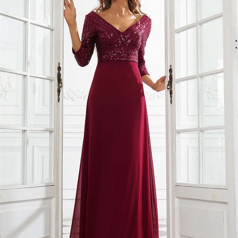 Party Dresses Elegant Evening Dresses Long V Neck A-Line Floor-Length Gown Ever Pretty of Contrast Sequin Chiffon Simple Prom Women Dress 230217
