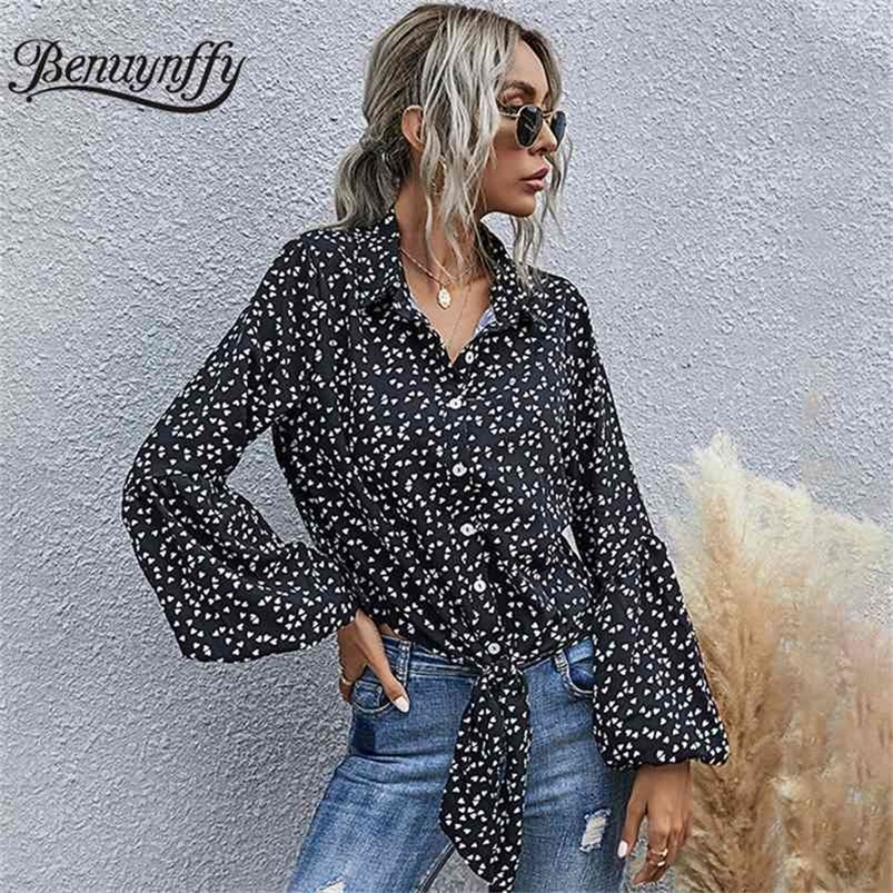 Casual Print Knot Hem Button Up Shirt Women Autumn Lapel Long Sleeve Female Blouses Fashion Streetwear Short Tops 210510