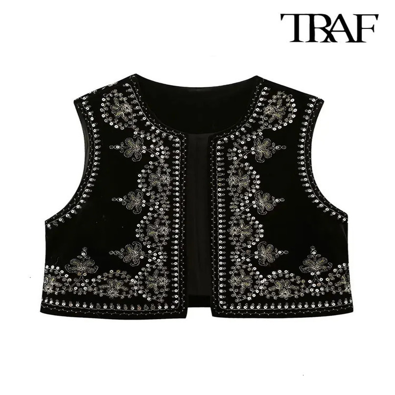 TRAF Women Fashion With Sequin Floral Embroidery Crop Waistcoat Vintage O Neck Sleeveless Female Outerwear Chic Vest Tops 240523