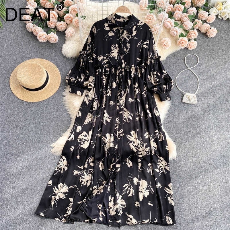 DEAT Women Printing Dress Lapel Long Sleeve Arrivals Lady Temperament Fashion Spring Autumn 11D2012 210709