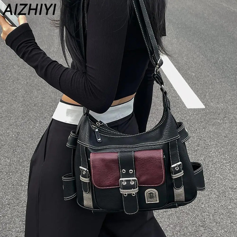 Y2K Vintage Crossbody Bag Womens Tote High Quality PU Leather Shoulder Hip Hop Messenger Female Large Handbag 240729