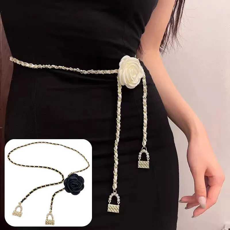 Fashion Camellia Flower Waist Chain For Women Thin Belt Sexy Slimming Metal Waistband For Clothes Dress Decorative Girdles Leather Strap32 D250924