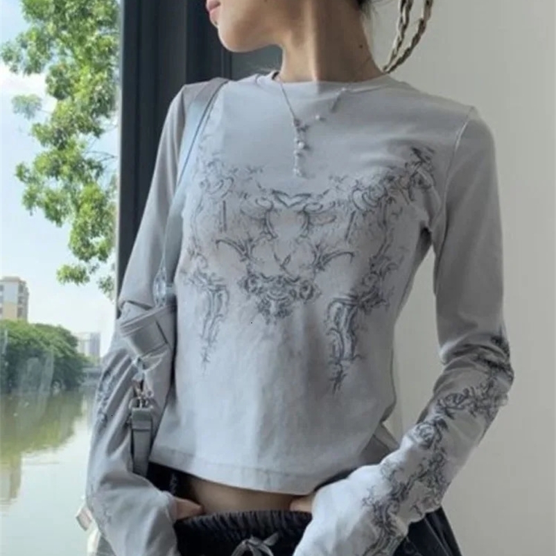 Y2K T Shirts Women Vintage O-neck Tee Ladies Long Sleeve Grunge Print Casual Crop Tops Female Graphic Japanese Streetwear 240228