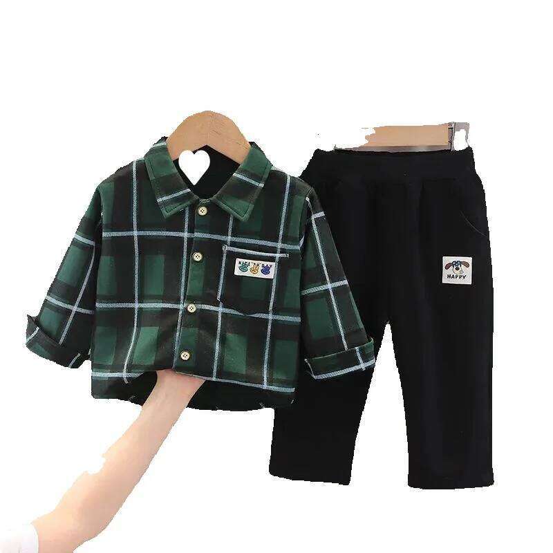 Autumn Newborn Clothes: Plaid Toddler Outfit - Stylish Long Sleeve Shirt and Pants Set for Boys, Perfect Spring/Autumn Two-Piece Suit