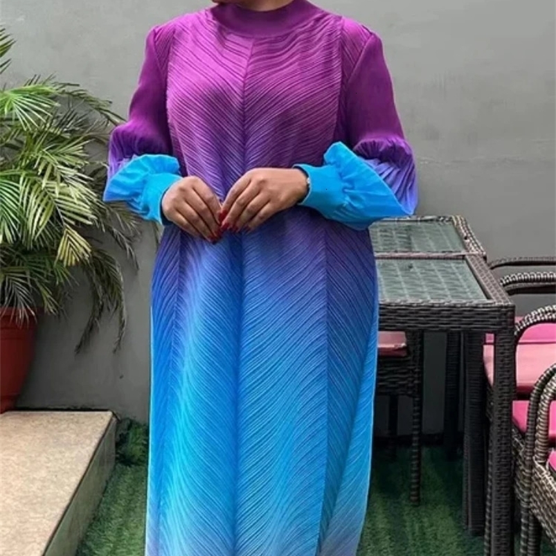 Miyake pleated Maxi long Miyake dress gradient color lantern sleeves half turtle neck womens formal dress item 250103