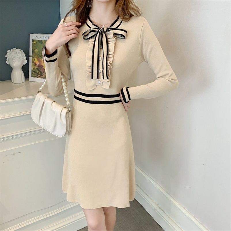 Casual Dresses Vintage Bow Collar Knitted Dress Women Aurumn Winter French Elegant Warm Long Sleeve Short Dresses Korean Fashion 230316