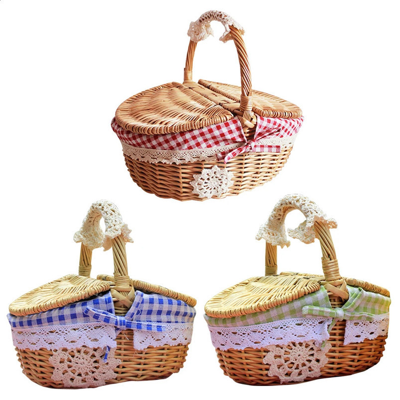 Handmade willow picnic basket woven storage with handle outdoor fruit container 240828