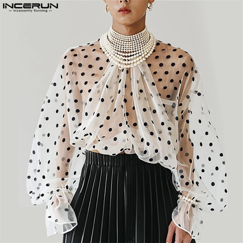 Fashion Casual Style Tops INCERUN Mens High Neck Polka Dot Perspective Shirts Clubwear Thin Puff Long Sleeved Blouse S-5XL 250207