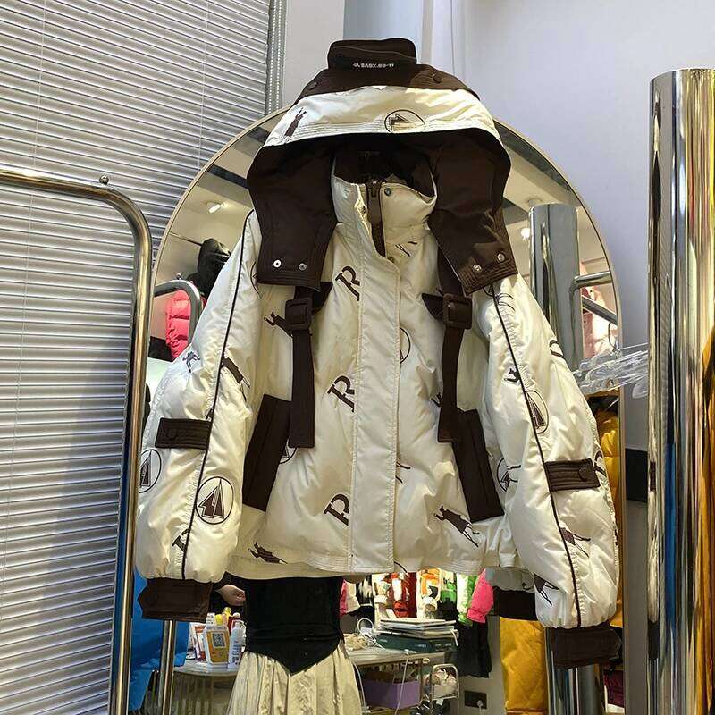 Winter Short Print Patchwork Hooded Parker Jacket Female Zipper Thicken Warm Outwears Women White Duck Down Bread Jackets