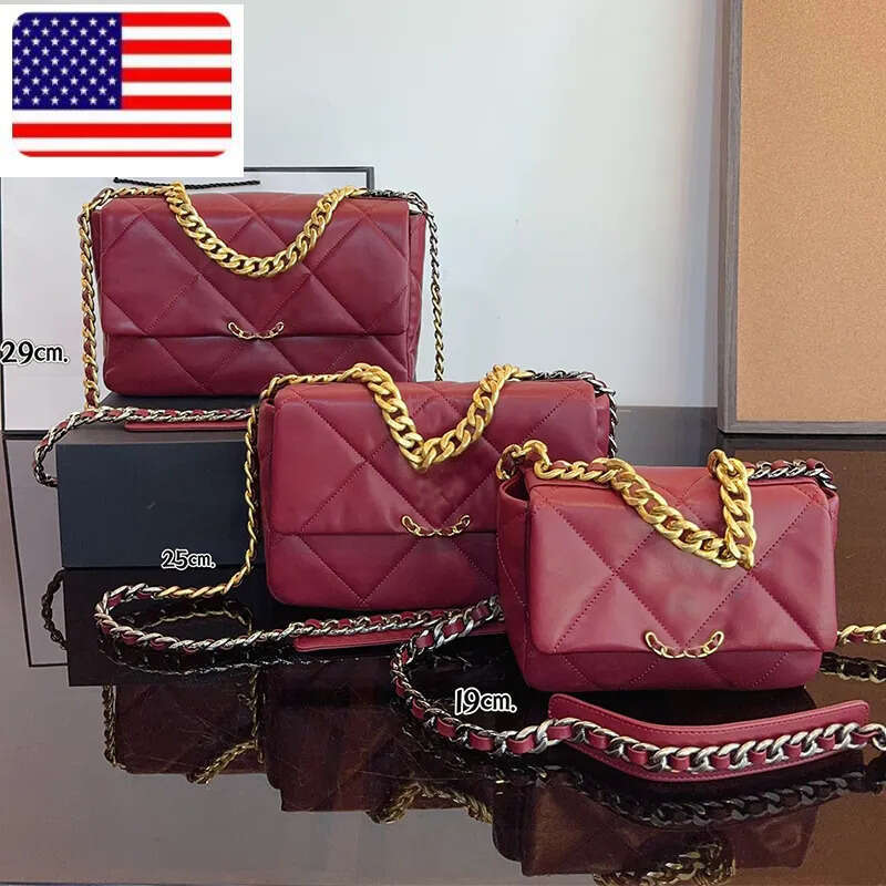 19 Series Burgundy Women Designer High Quality Hand Sewn Soft Sheepskin Shoulder Bag Luxury Gold and Silver Hardware Metal Chain Crossb 008b