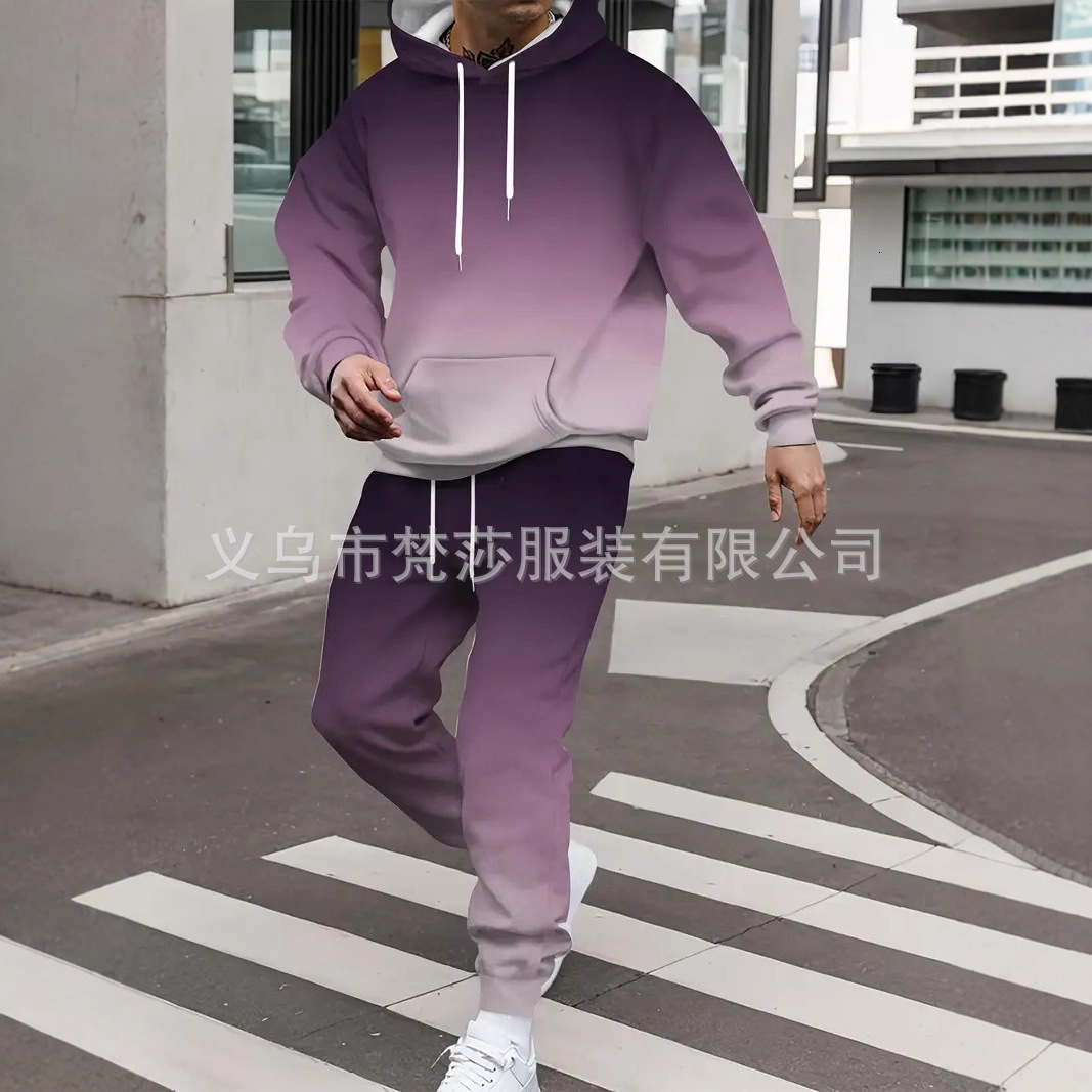 Hot-selling Men's Versatile Gradient Color 3D Digital Print Hoodie Set Breathable and Comfortable