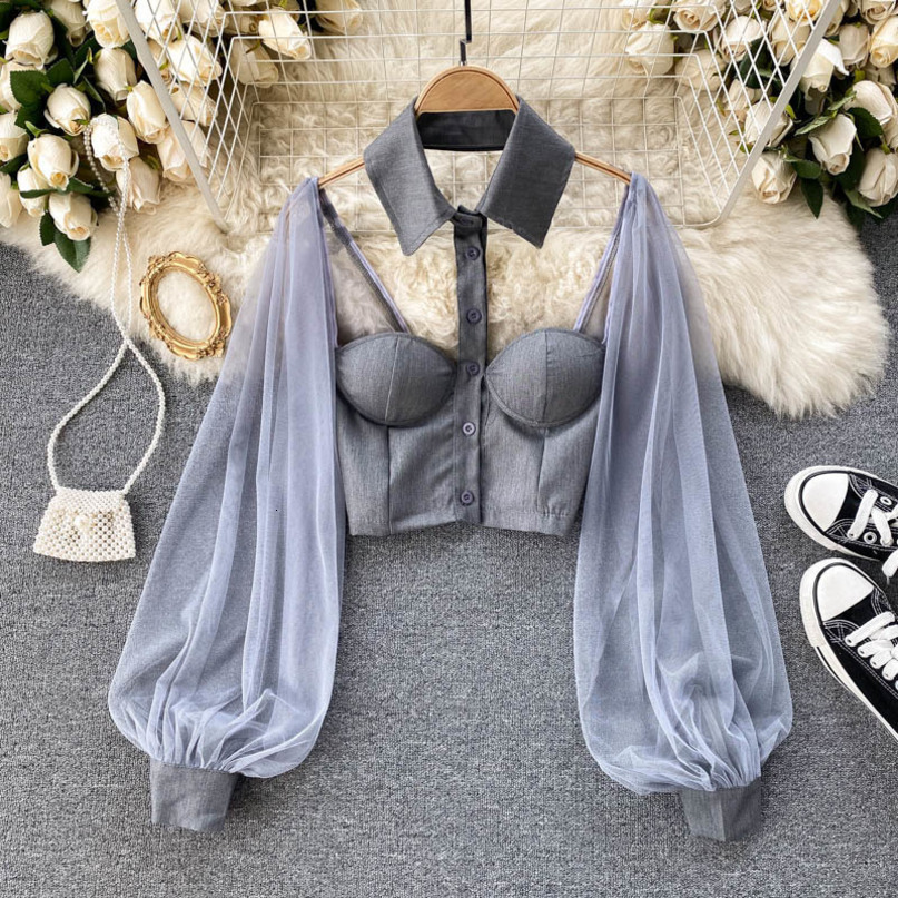 Women's Blouses Shirts Women Mesh Sheer Blouse Seethrough Long Sleeve Crop Top Singlebreasted Shirt Blouse Fashion Backless Sexy Shirt Female 220
