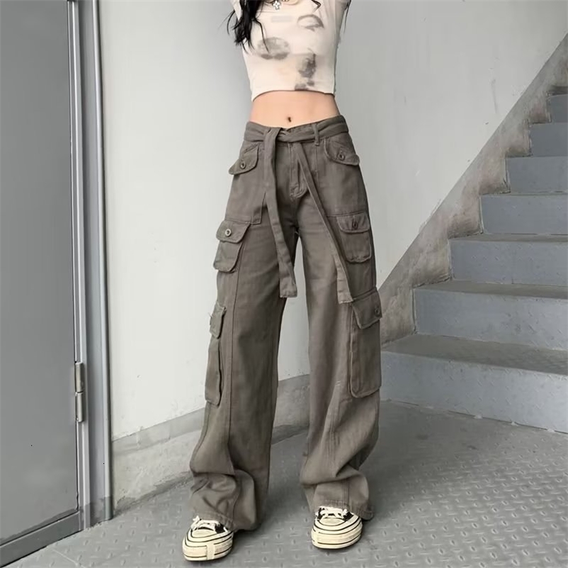 Women's Pants Capris Retro gray overalls wide leg cargo women pants women's trousers sexy low waist loose casual trousers vintage streetwear