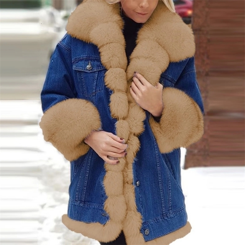 Fashion faux fur coat for autumn and winter womens long sleeved fur denim mid coat with spliced wool jacket for warmth 240930