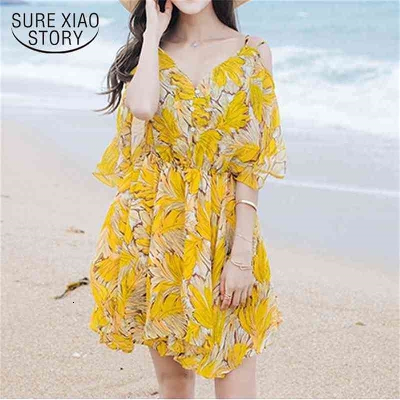 Spring Summer Holiday Chiffon Women Dress Sweet Casual Loose Strapless Strap Floral Beach Female Short Dresses 0067 30 210506
