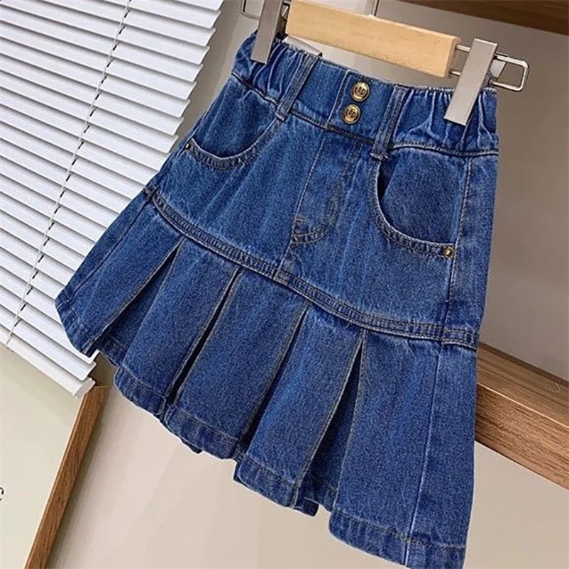 Girls Denim Skirt Pants 4-12Y Childrens Summer Clothing Spring Autumn College Style High Waisted Washed Denim Pleated Skirt 250411bj