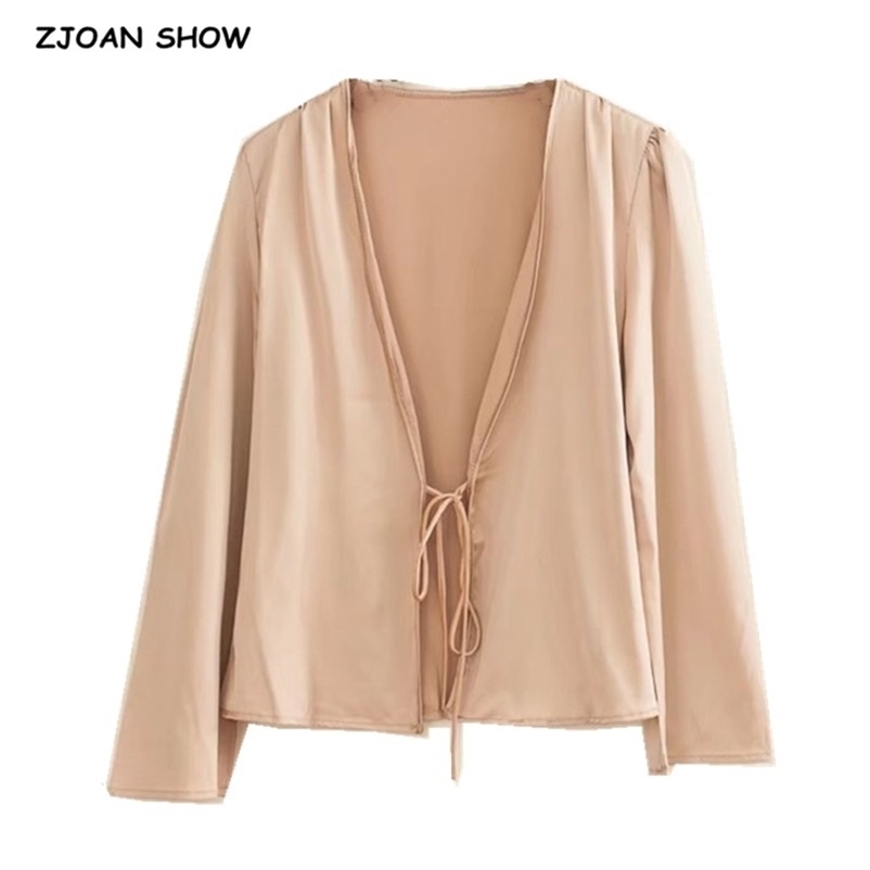 Autumn Green Lacing up Polka Dot Print Bow Tie Shirt Holiday Woman Long Sleeve Ruched Cuff Deep V-Neck Cardigan Sexy Blouse 210429