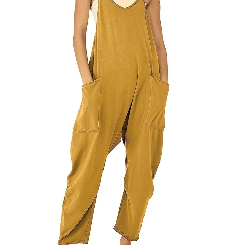 loose foreign trade womens pure color patch bag zipper jumpsuit suspenders jumpsuit 250220