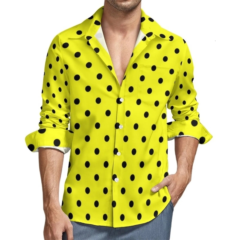 Yellow Polka Dot Shirt Autumn Black Spots Print Casual Shirts Harajuku Blouses Long Sleeve Print Clothing Plus Size 240704