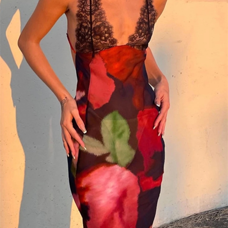 Elegant Tie Dye Floral Chiffon Dress For Women Summer Sexy Bandage Backless Lace Long Dresses Female Beach Evening Robe 240518