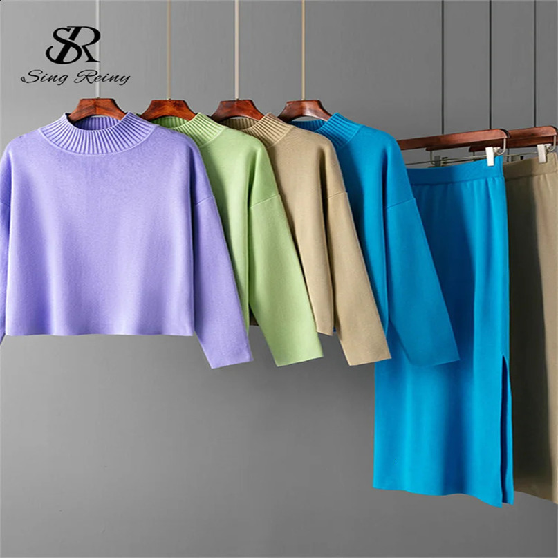 SINGREINY Fashion Autumn Sweater Two Pieces Suits Women Loose Warm PulloversSplit Long Skirt Winter Casual Knitted Sets 240713