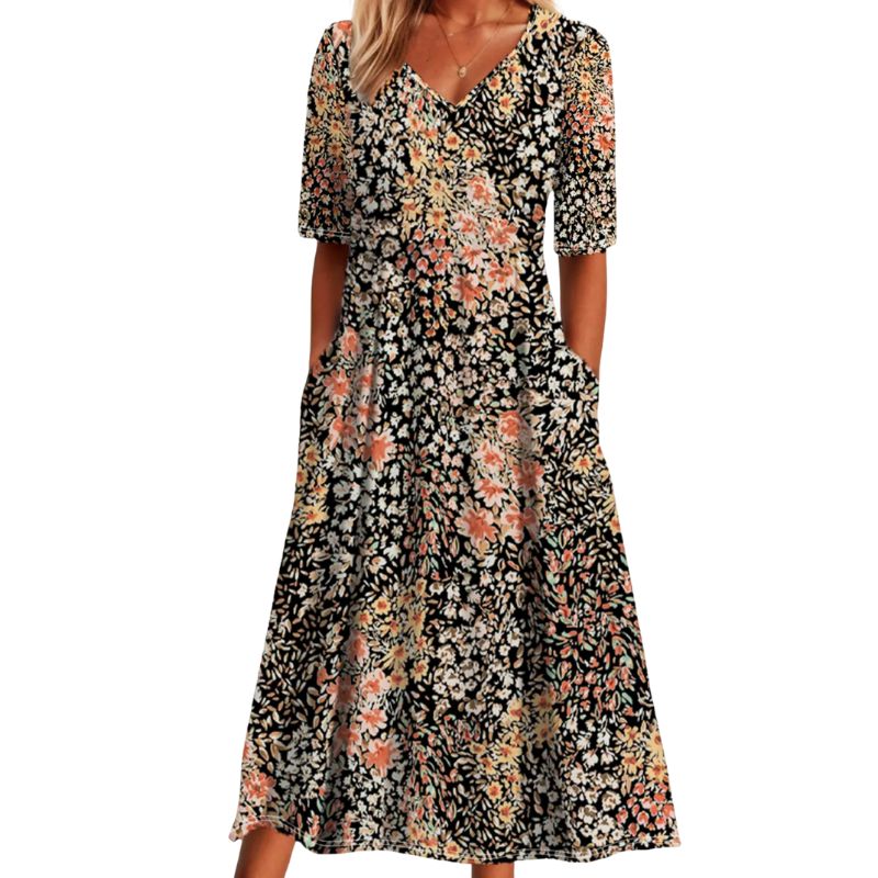 Women's Spring Summer New Fashion Vacation - Style Dress, Plant Printed V - Neck Milk Silk Midi Dress-CF53826