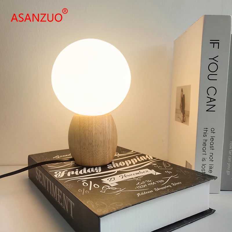 ASANZUO Wood table lamp milk white glass ball decor Bedroom bedside lamp Study Childrens eye protection warm LED desk lamp C251115