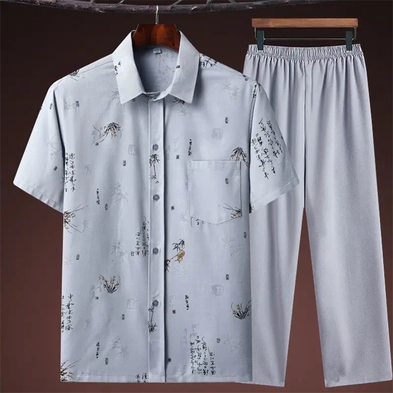 Summer Chinese style Sets Cotton linen Men Tang suit Print short-sleeved trousers suit Hanfu traditional kung fu Tai Chi Uniform 240518