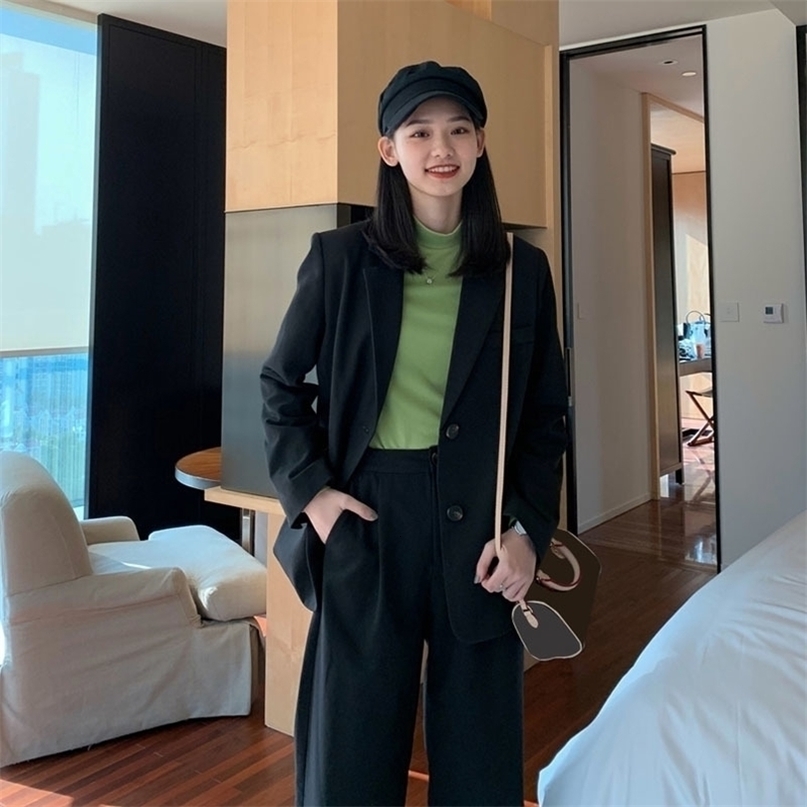 Casual Trousers Women Suit Long Blazer Jacket FemininoButton Wide Leg Pant Spring Work Oversize Blazer Pant Suit 2 Piece T200817