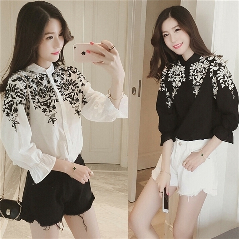Women's Blouses Shirts Casual Women Girls Embroidery Floral Blouse Loose Long Sleeve Ladies Summer Shirts Puff Sleeve Single Breasted Women Blous