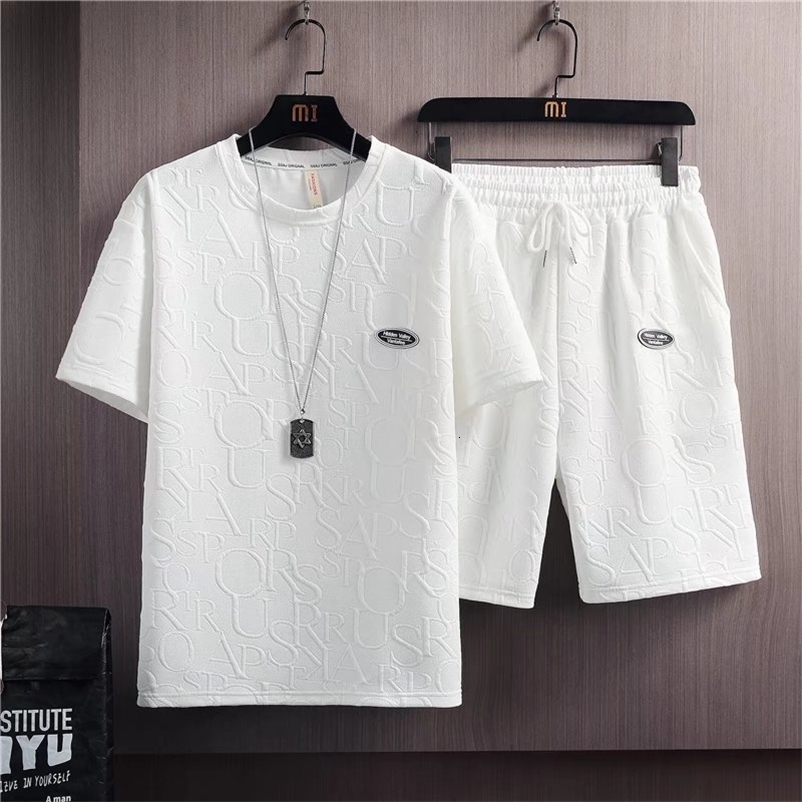 Men's Tracksuits Summer tshirt shorts 2-piece set of white tracksuit men's 3D letters retro street clothing creative pattern men's shor
