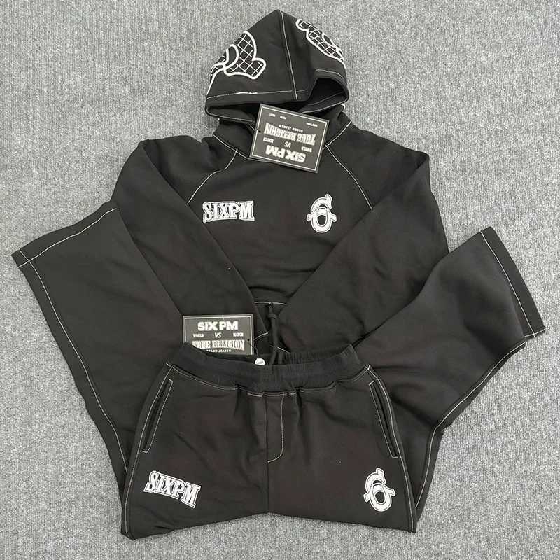 Letters Hiphop Plus Mens Hooded Velvet Pullover Sweatshirt Long Embroidered Trendy Sports Suit Jacket Sweatpants X250924