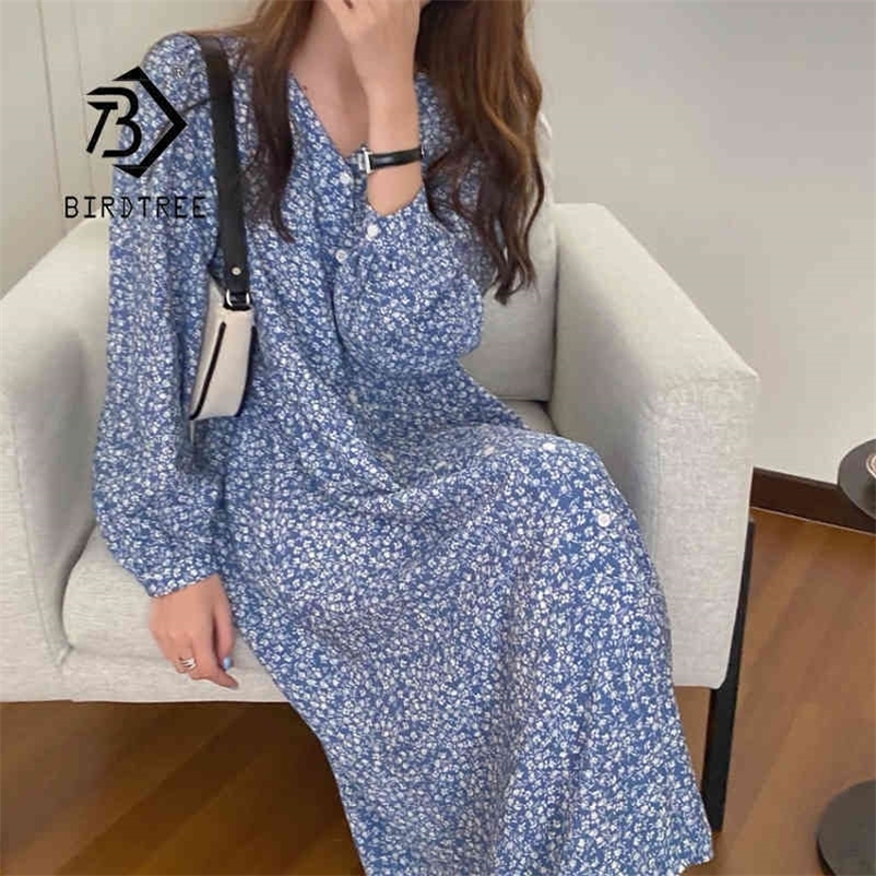 Spring Vintage Floral Pleated Chiffon Casual Slit Dress Women Sleeve Elegant V Neck Loose Long Dresses D12701X 210416