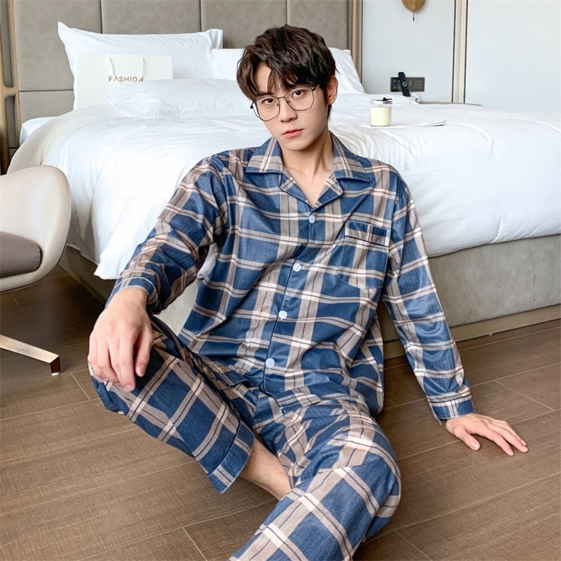 Men's Sleepwear 100% Cotton Pijama for Men Two-Pieces Lounge Sleepwear Pyjamas Plaid Spring Bedgown Home Clothes Man Casual Homewear Pajamas Set 